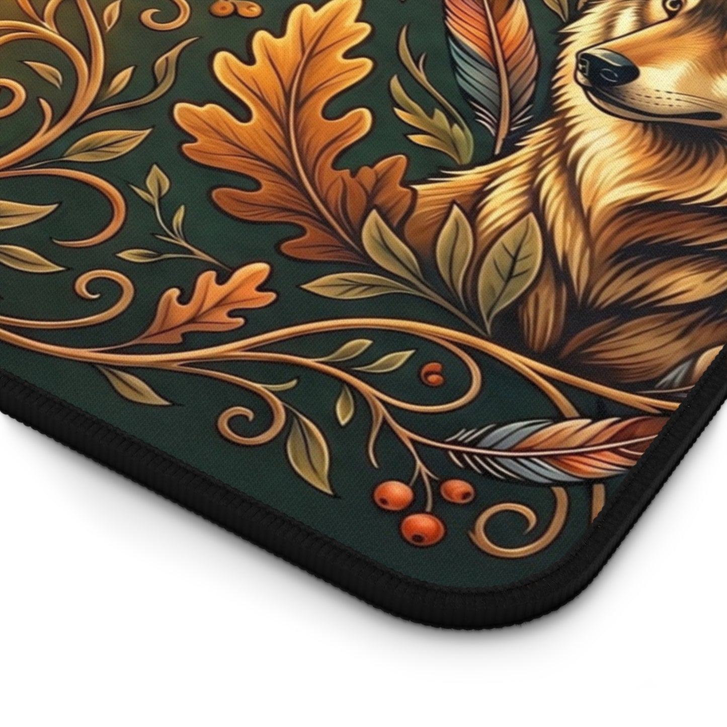 Green forest desk mat close-up with gold leaves, swirls, and feather pattern