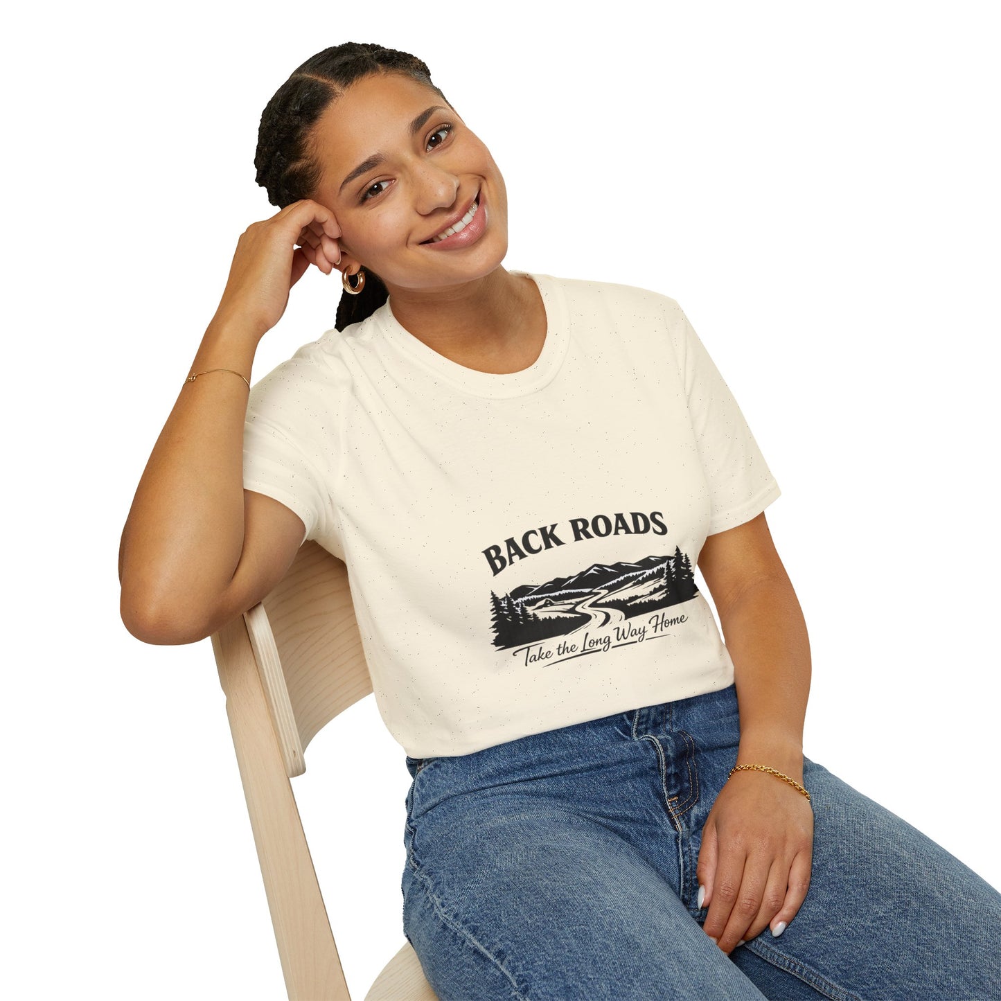 White crewneck graphic T-shirt with Back Roads mountain print