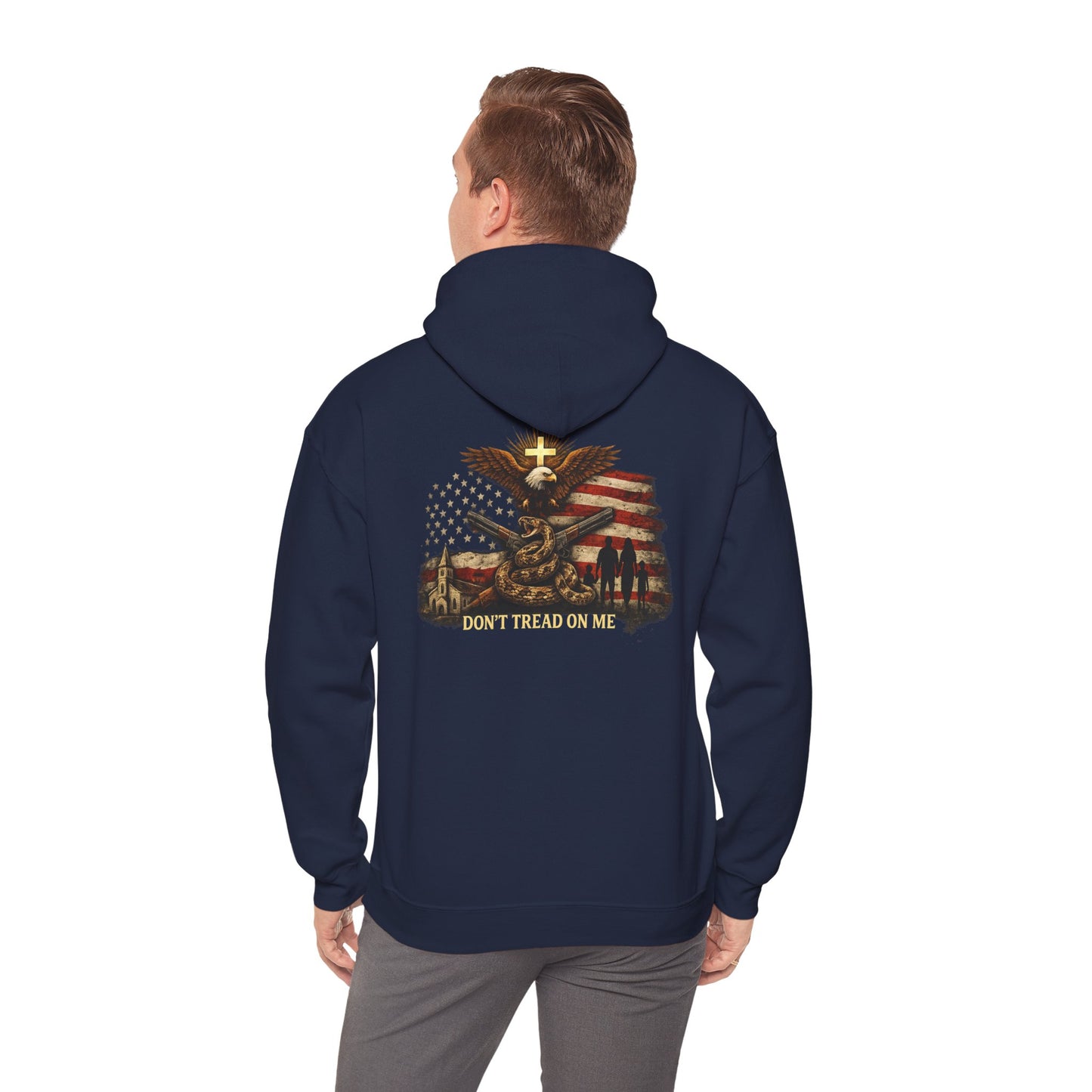 Navy pullover hoodie with back graphic and cross-and-flag emblem