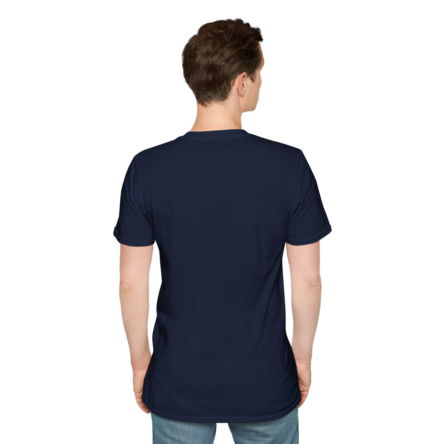 Men's navy T-shirt back view, plain crew-neck with short sleeves