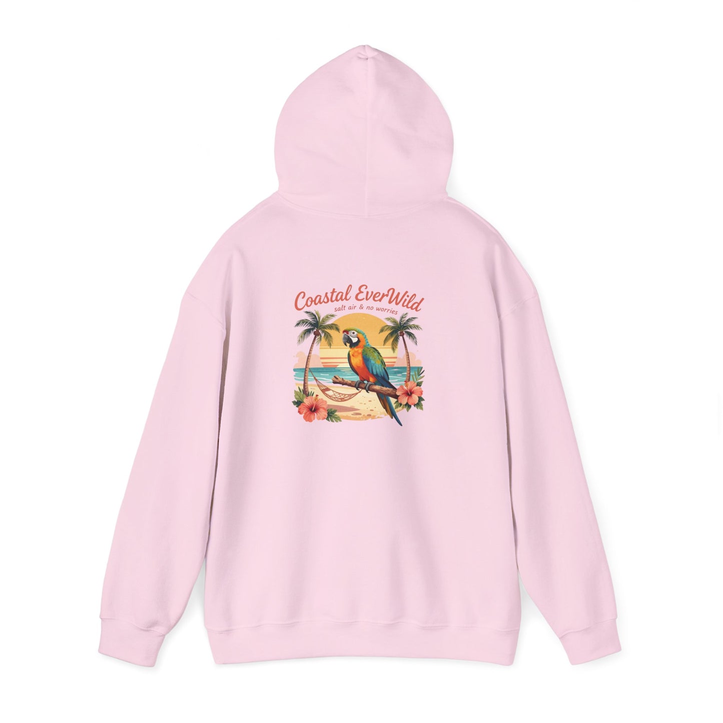 Light pink pullover hoodie with bird-and-palm beach graphic on back and hood