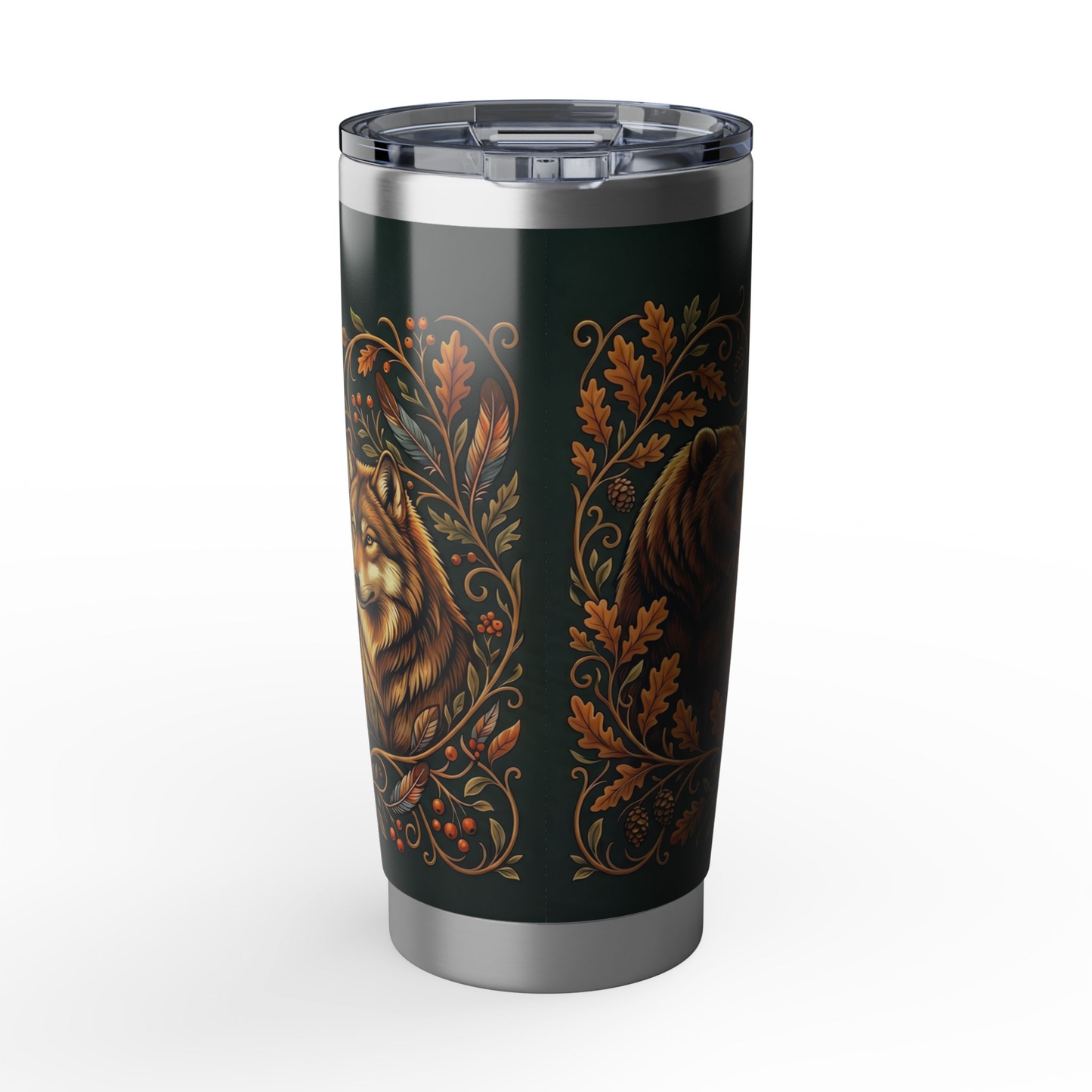 Insulated dark green tumbler with bear & wolf crest, steel base, clear lid