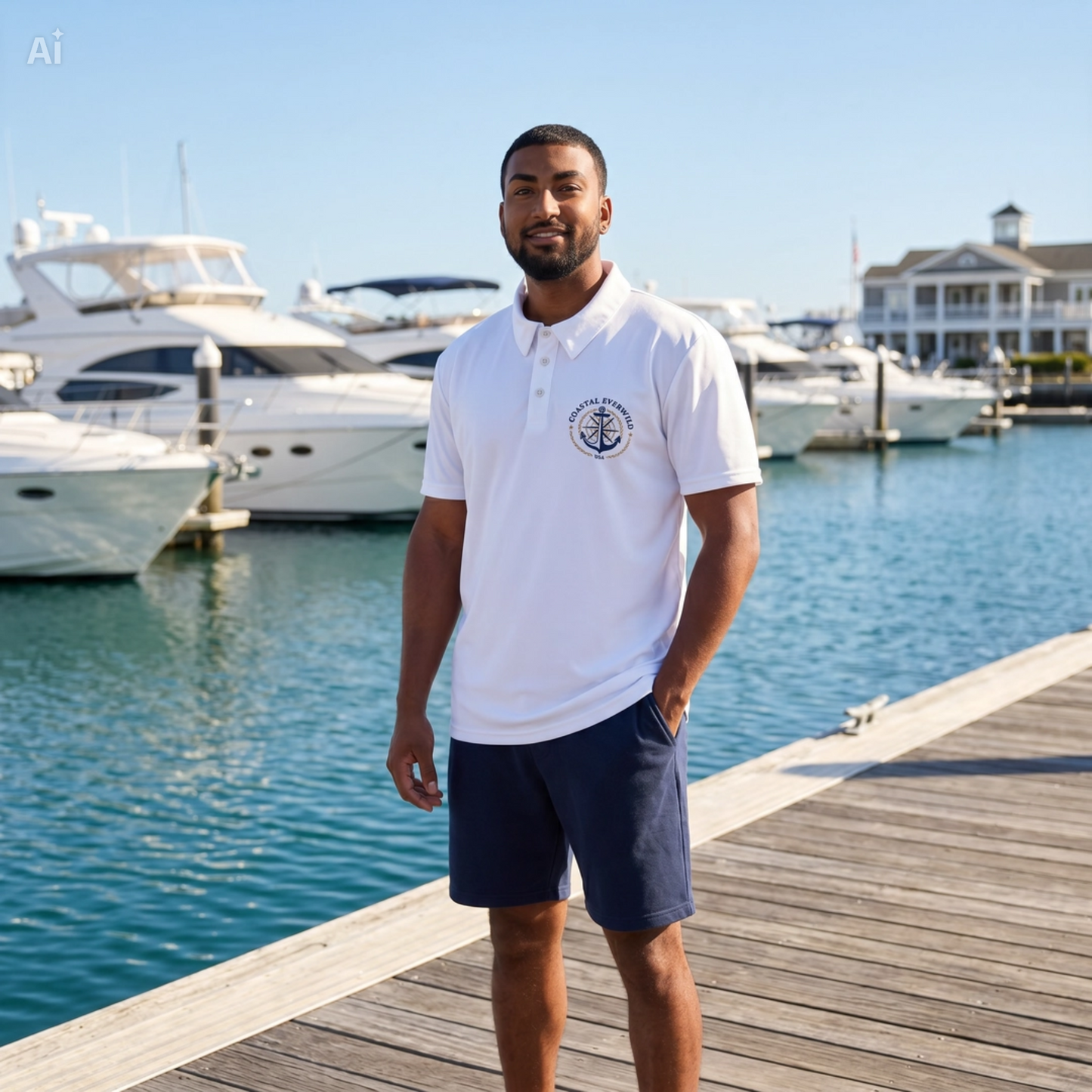 Men's white polo shirt, short sleeves and embroidered anchor logo on chest