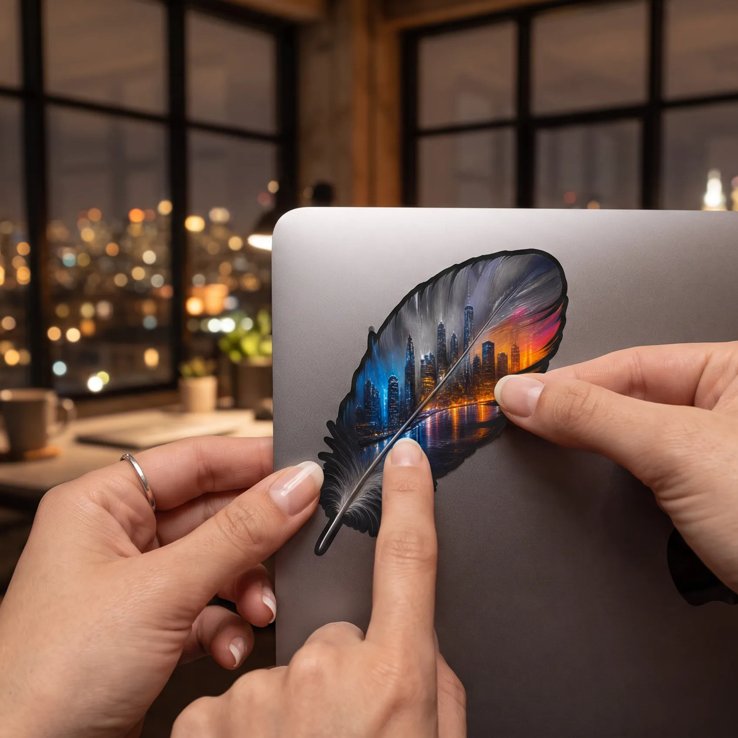 Feather Cityscape Sticker — Die-Cut Urban Skyline Feather Art