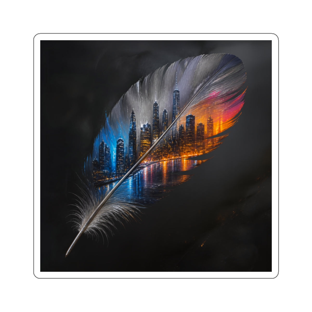 Urban Feather Die‑Cut Sticker — EverWild Cityscape Art