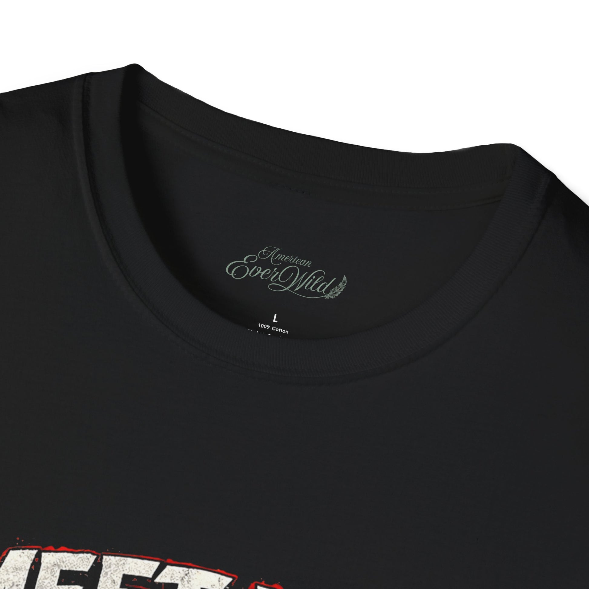 Black crew-neck T-shirt with neckline label detail.