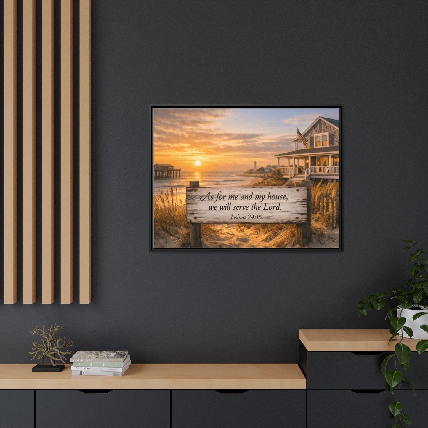 Framed canvas wall art featuring coastal sunrise and scripture on a wooden sign, dark frame