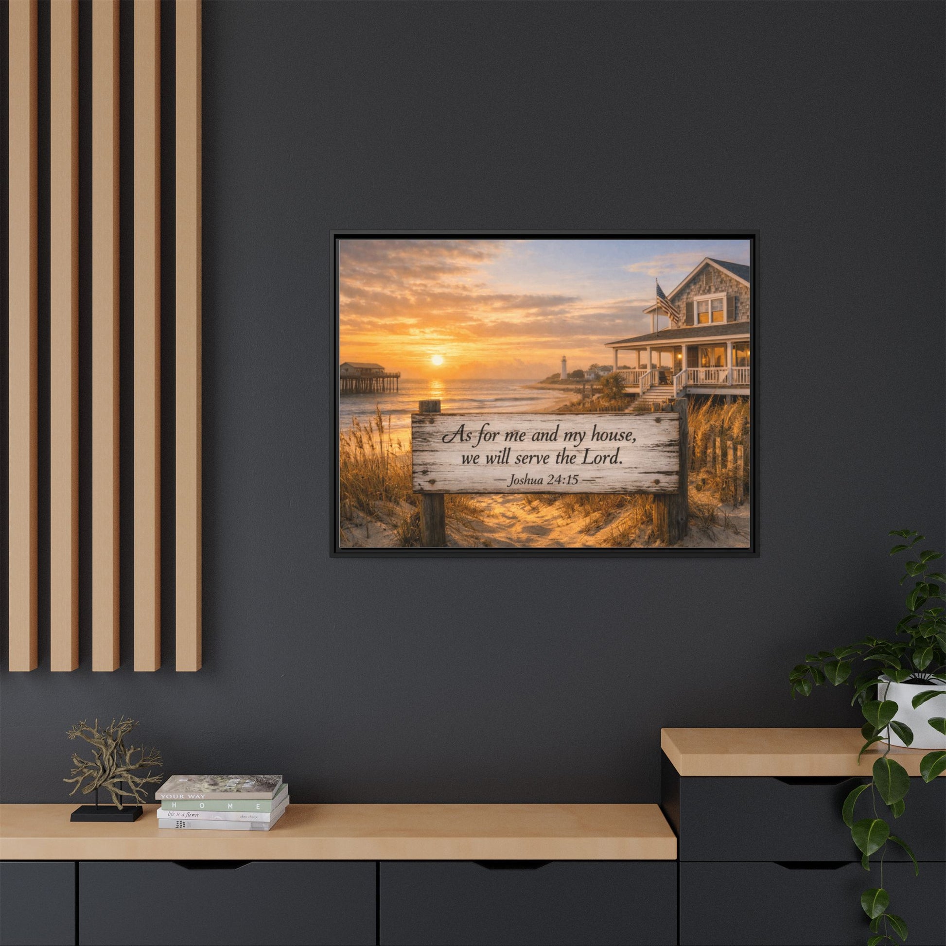 Framed canvas wall art featuring coastal sunrise and scripture on a wooden sign, dark frame
