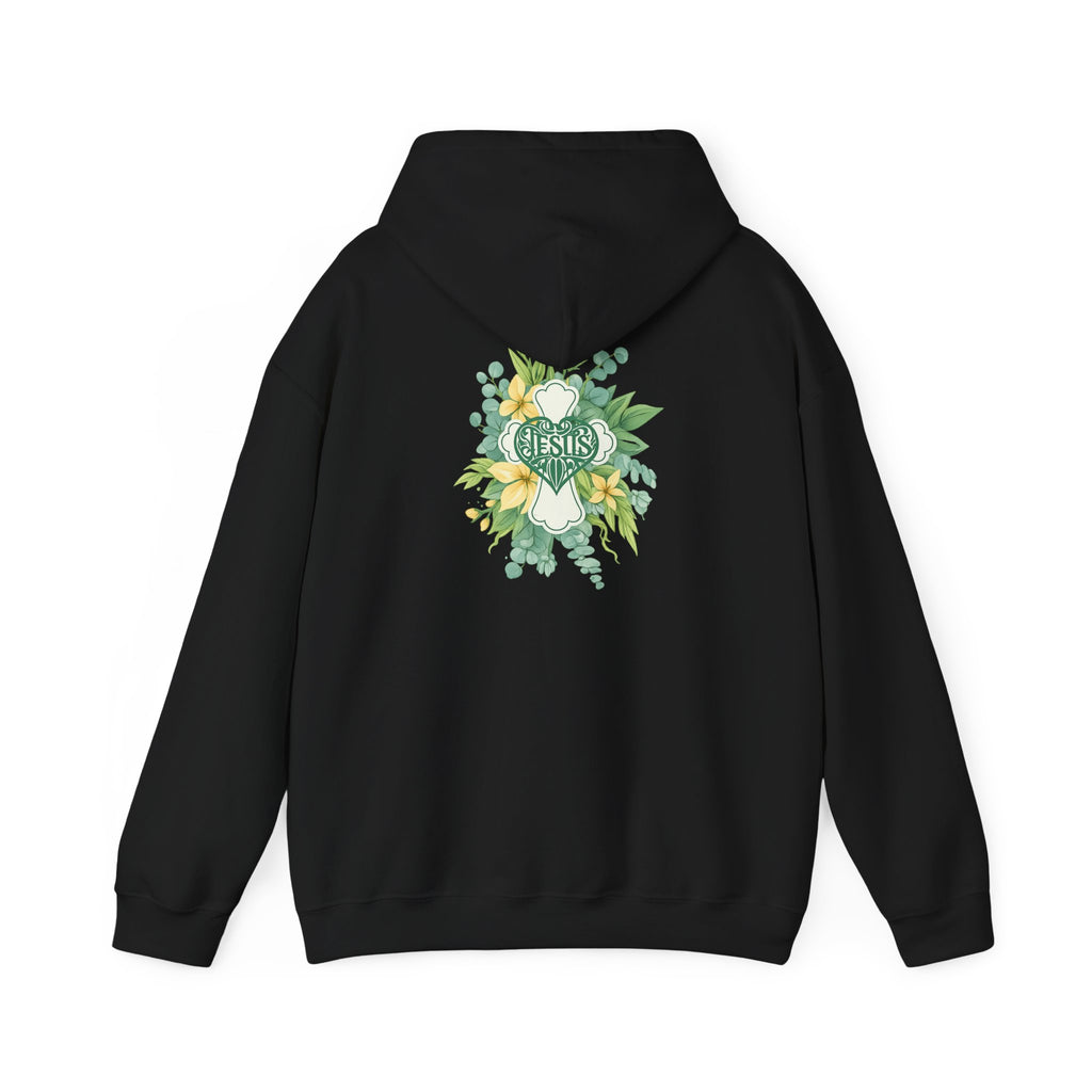 Black pullover hoodie with green and yellow floral Jesus graphic on the back