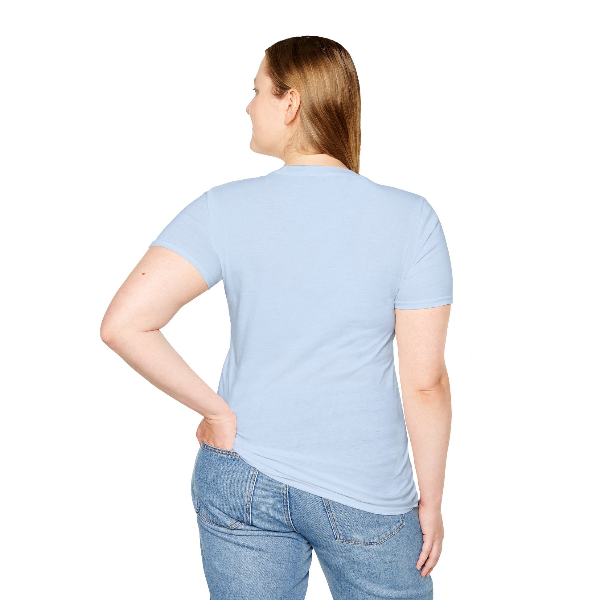BackRoads women's rural lifestyle tee, light blue crewneck back view