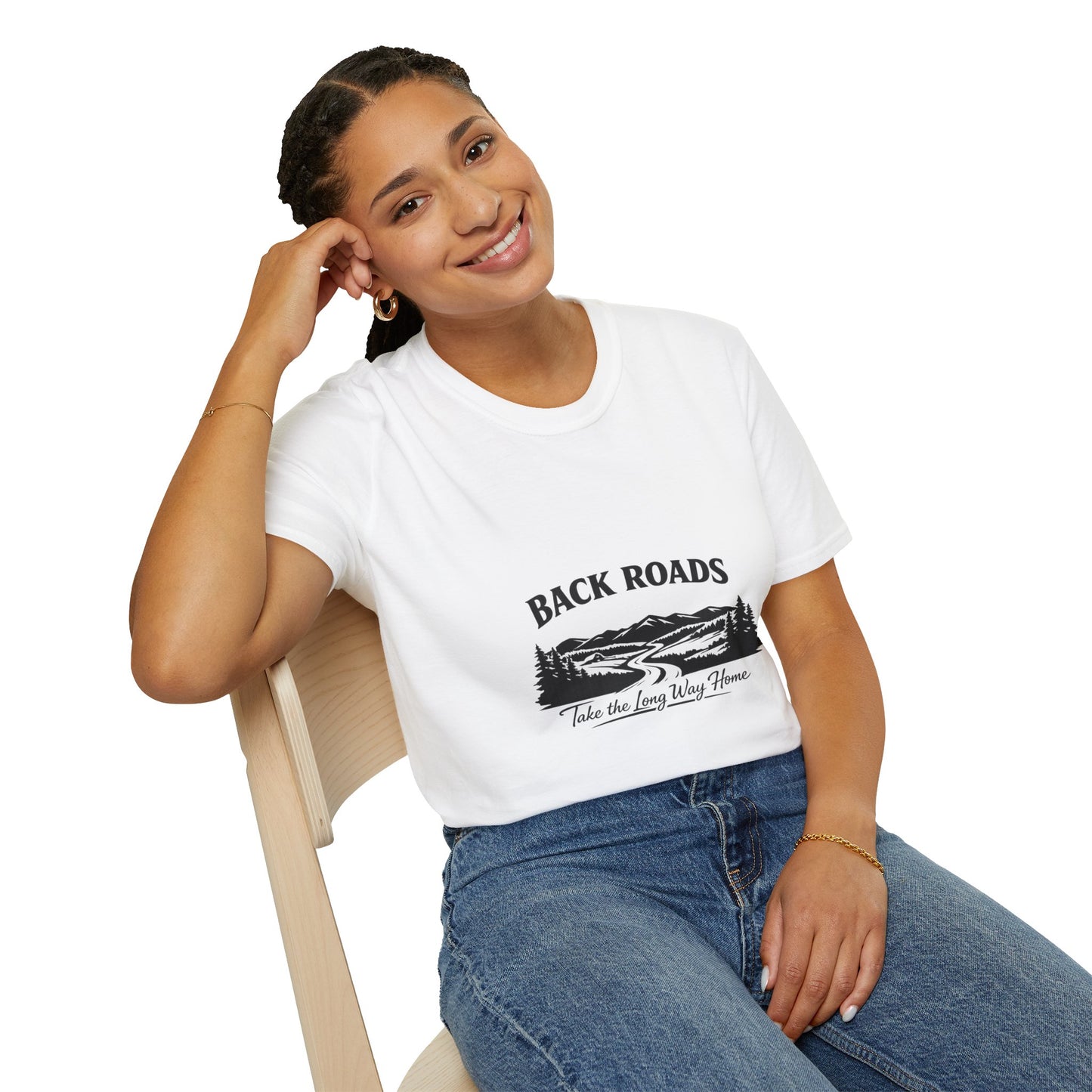 White women's short-sleeve T-shirt with 'Back Roads' scenic road graphic
