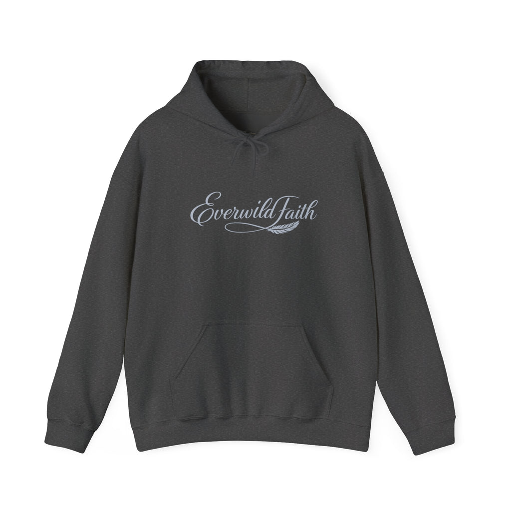 Dark heather pullover hoodie with light script logo on chest and front pouch pocket