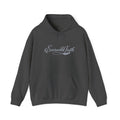 Dark heather pullover hoodie with light script logo on chest and front pouch pocket