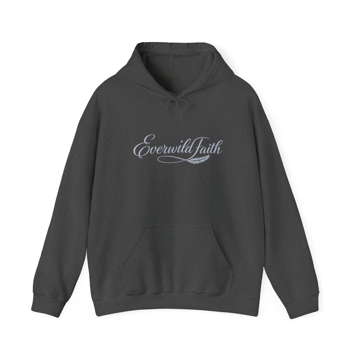 Dark heather pullover hoodie with light script logo on chest and front pouch pocket