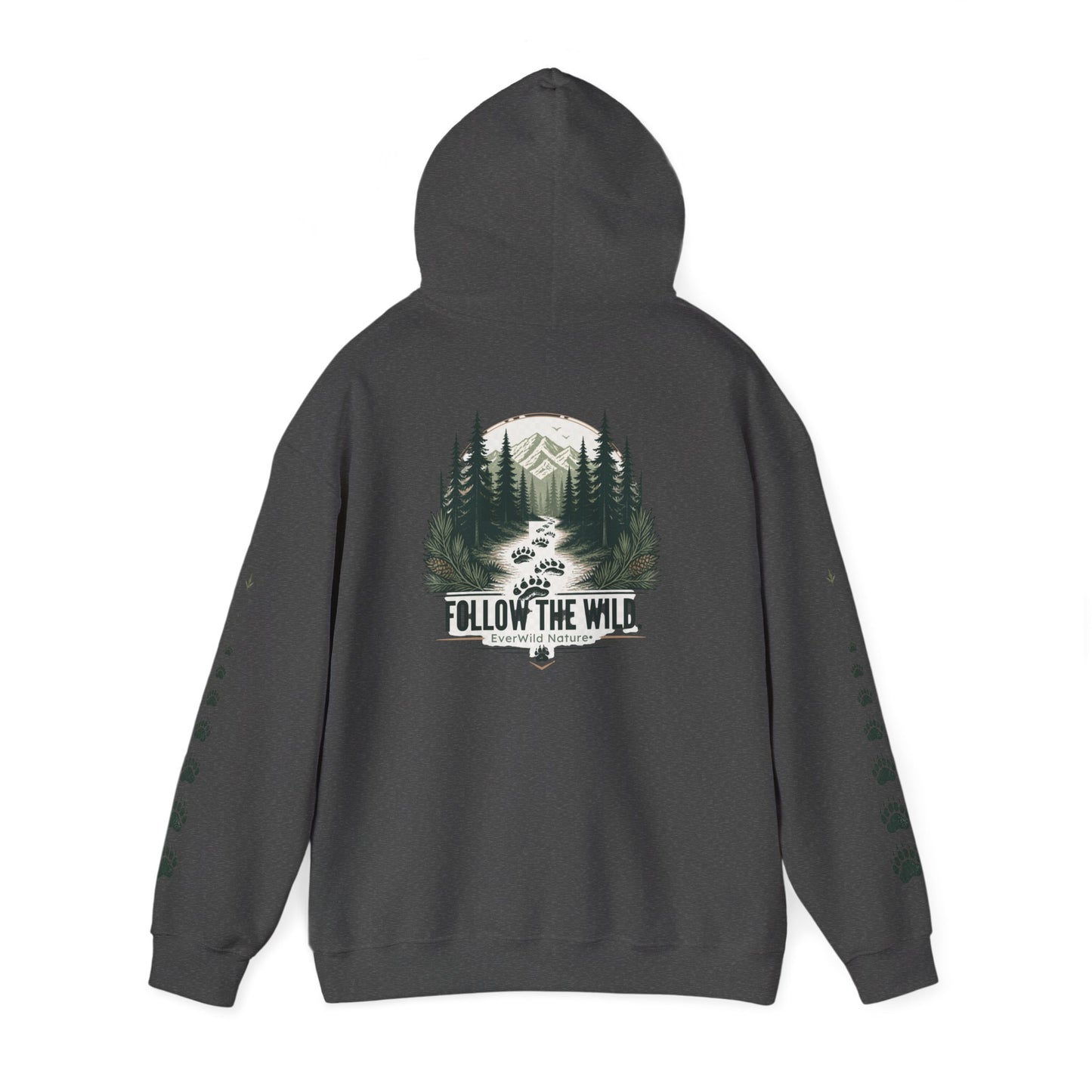 Dark gray pullover hoodie with back tree graphic "FOLLOW THE WILD" and paw-sleeve prints