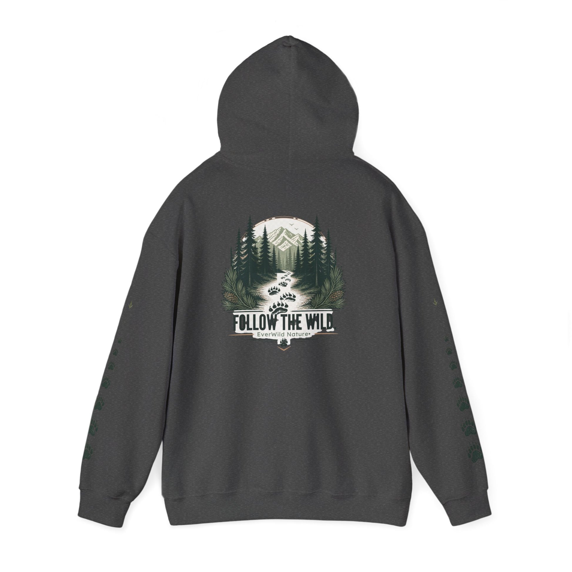 Dark gray pullover hoodie with back tree graphic "FOLLOW THE WILD" and paw-sleeve prints