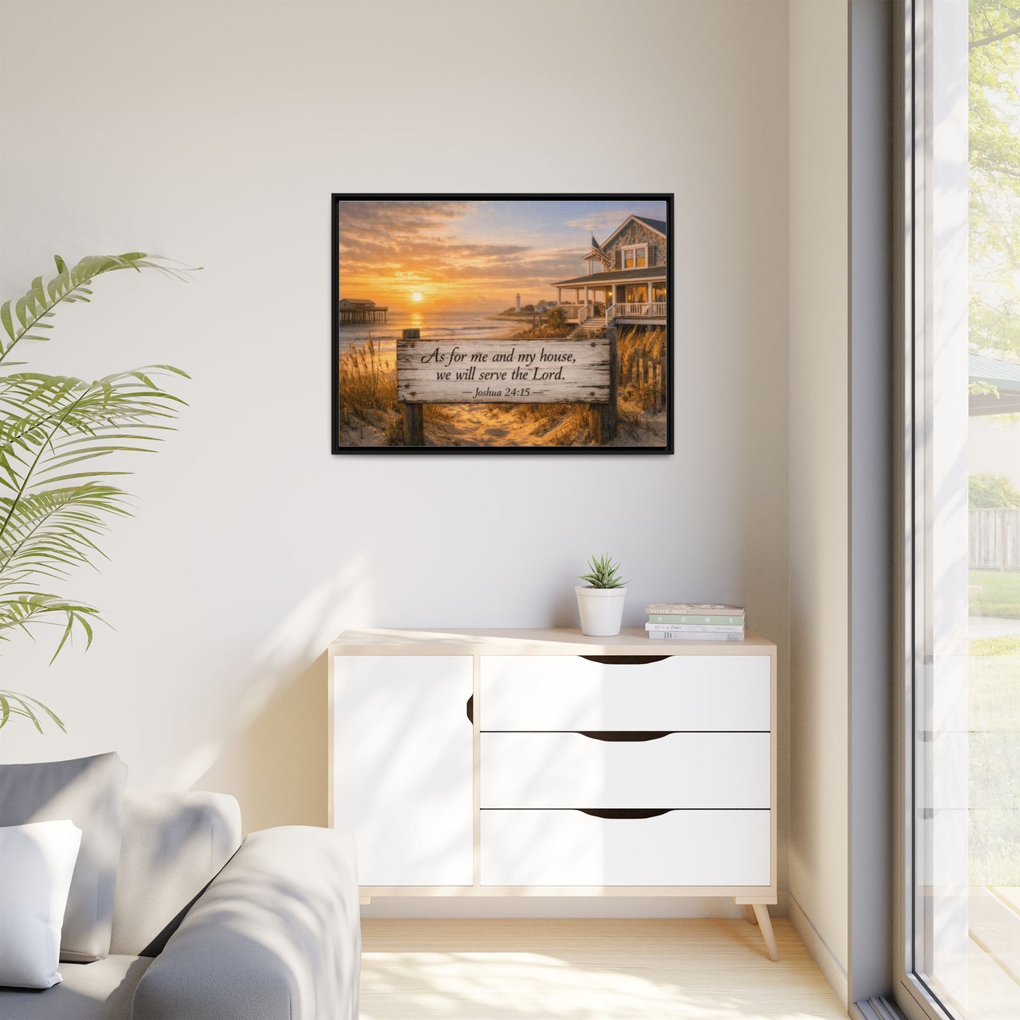 Framed canvas wall art with small black frame; coastal sunrise scripture on wooden sign