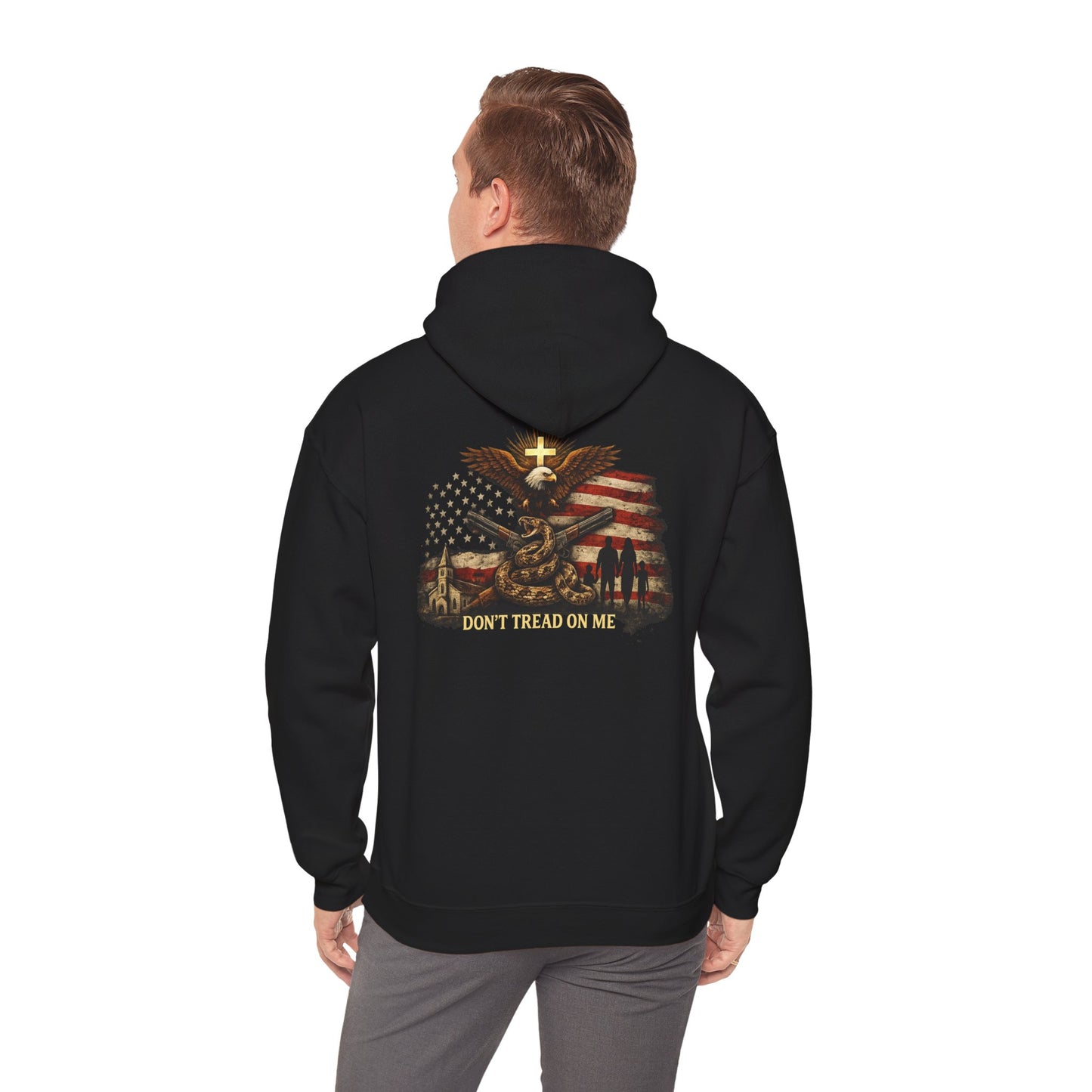 Black pullover hoodie with back graphic and cross-and-flag emblem