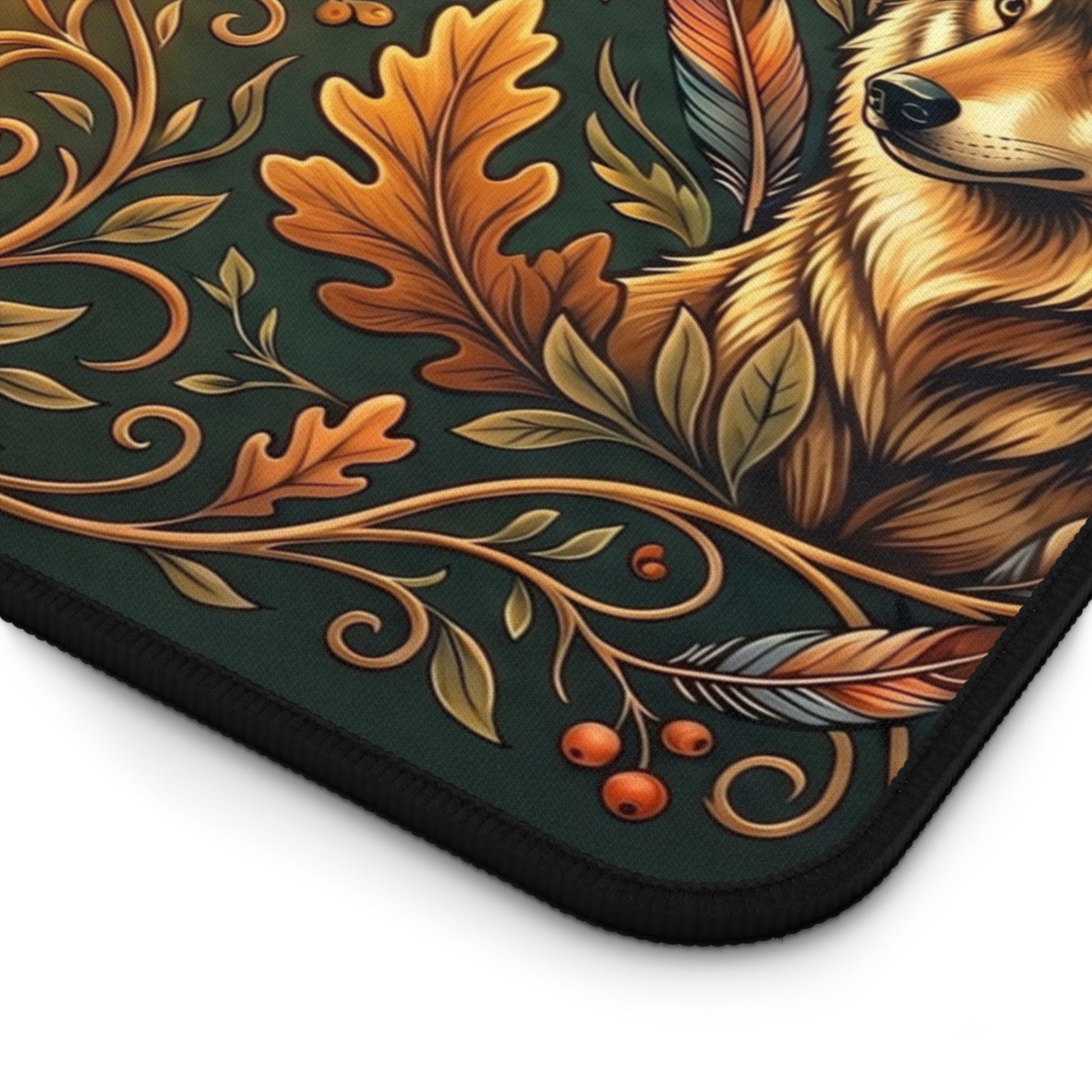 Green forest desk mat close-up with gold leaves, swirls, and feather pattern