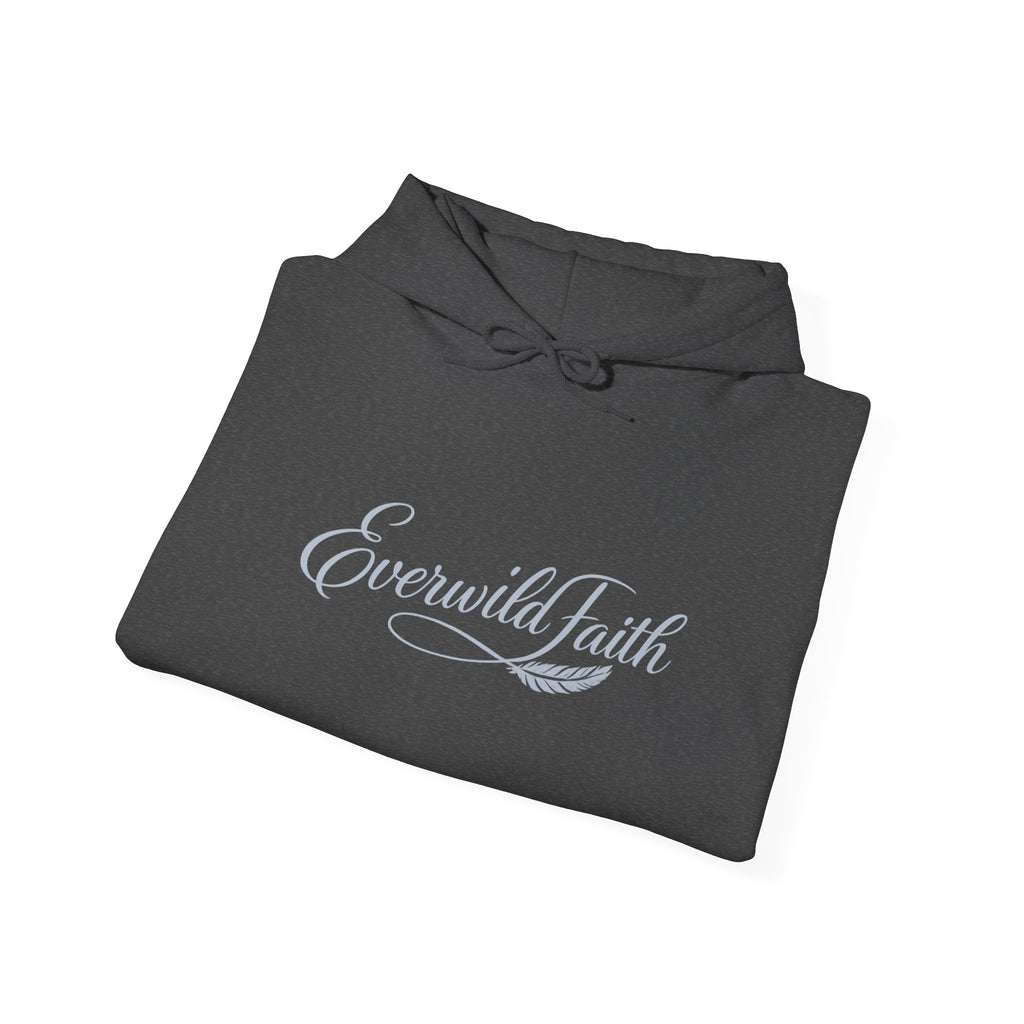 Dark heather hoodie folded with light script logo on front and drawstring hood