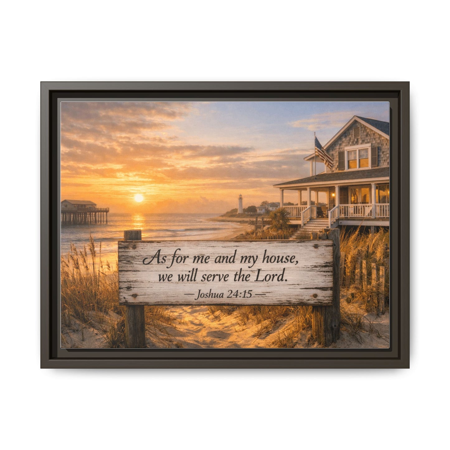 Framed coastal scripture canvas featuring a beach house sunrise and scripture text plank.