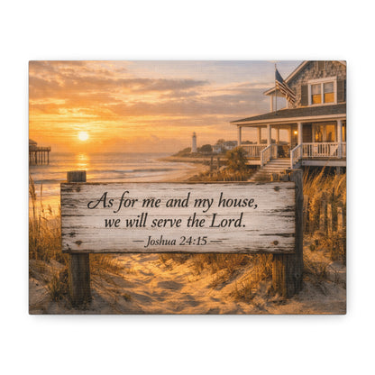 Square wall art print showing a beach house at sunset with a wooden sign in the foreground that reads, 'As for me and my house, we will serve the Lord. Joshua 24:15.