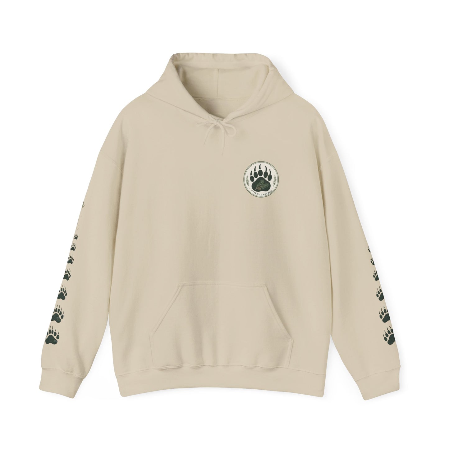 Beige pullover hoodie with paw emblem on chest and kangaroo pocket