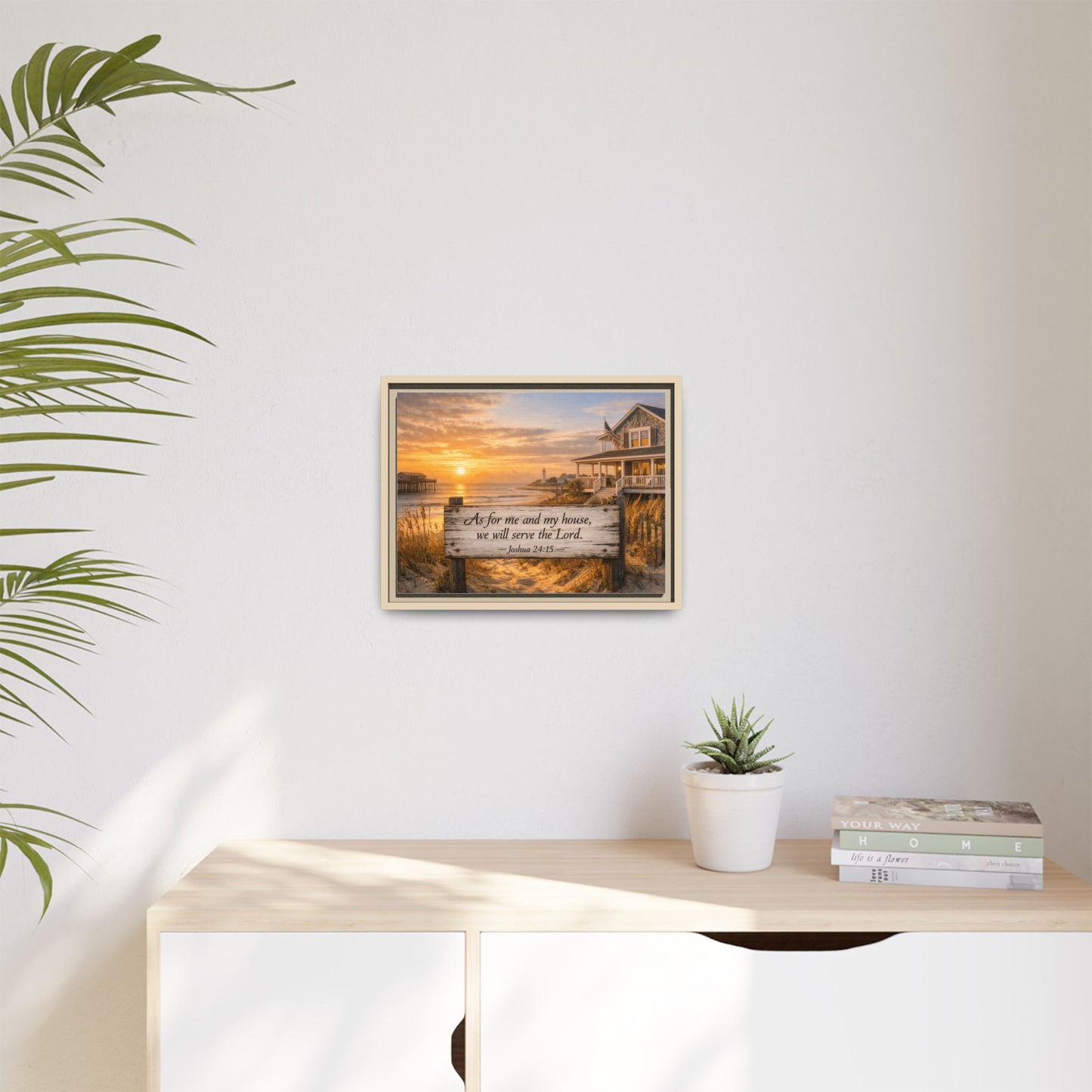 Framed canvas wall art with small black frame; coastal sunset scripture on wooden sign
