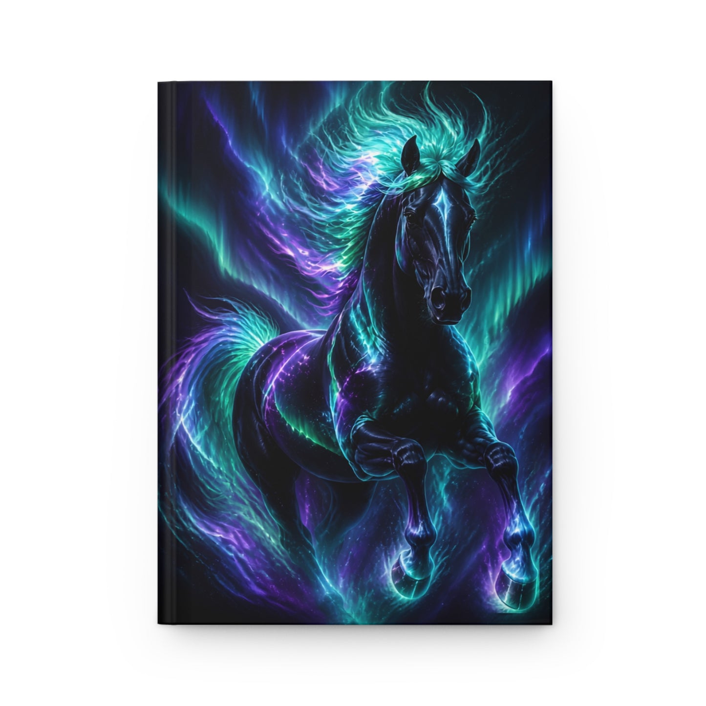 Aurora Stallion Hardcover Journal — Neon Blue & Purple Mystic Horse Notebook