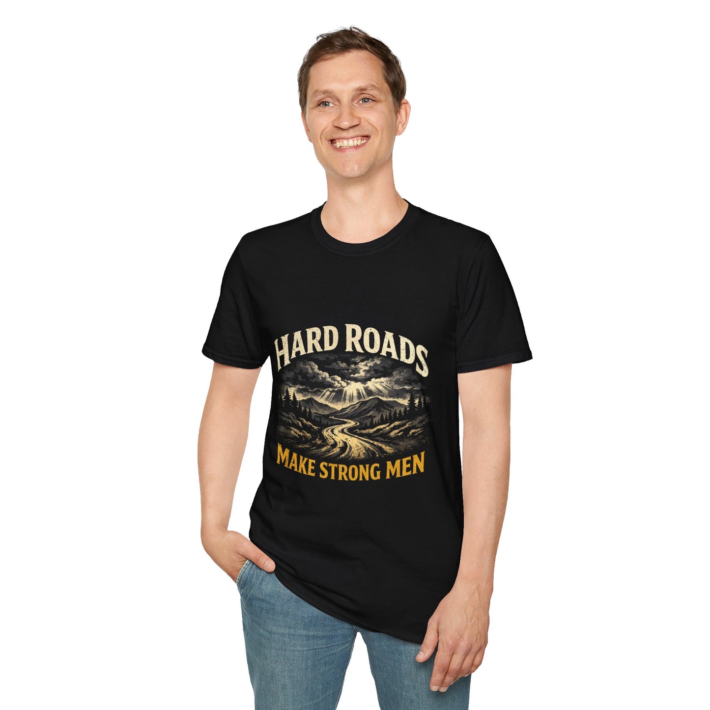 Black men’s crew-neck T-shirt with front landscape graphic and gold text