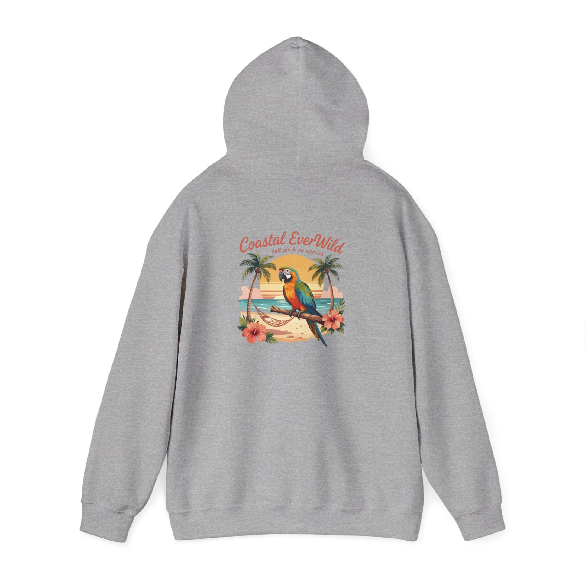Gray pullover hoodie with bird-and-palm beach graphic on back and hood