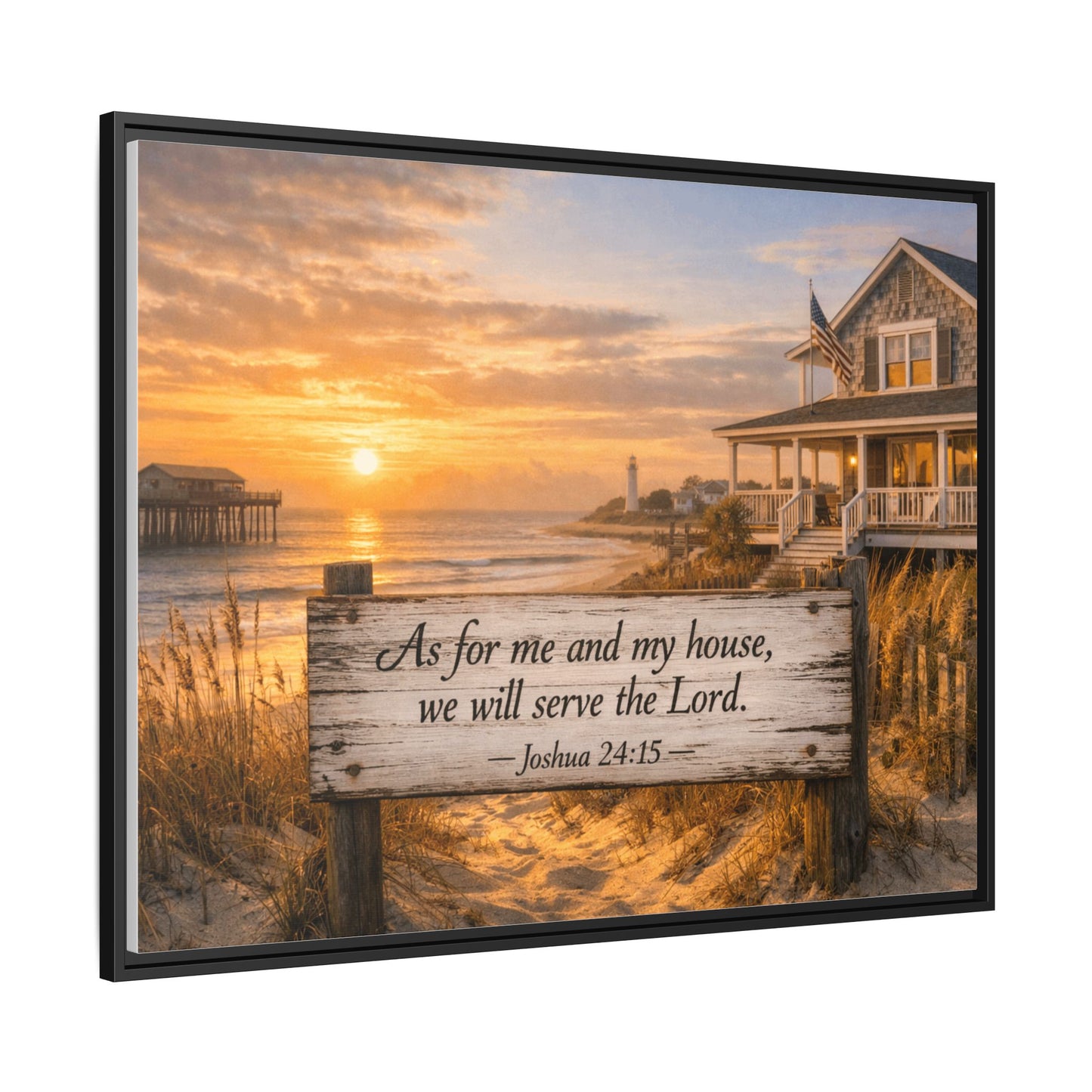 Framed canvas wall art with black frame; coastal sunrise beach scene and scripture sign