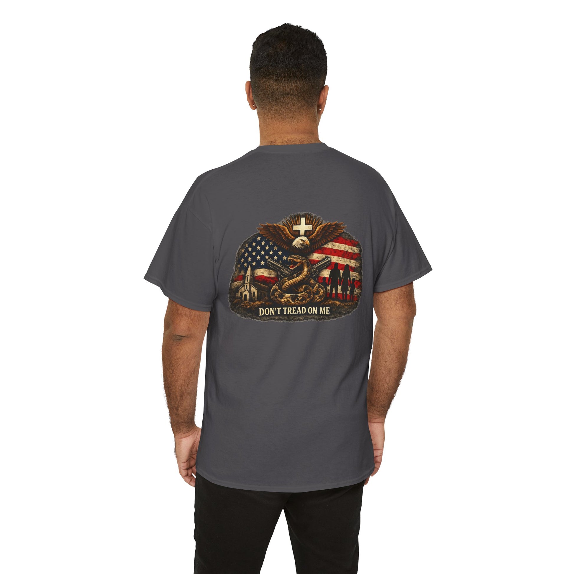 Charcoal T-shirt with back eagle-and-American-flag graphic and text "DON'T TREAD ON ME"