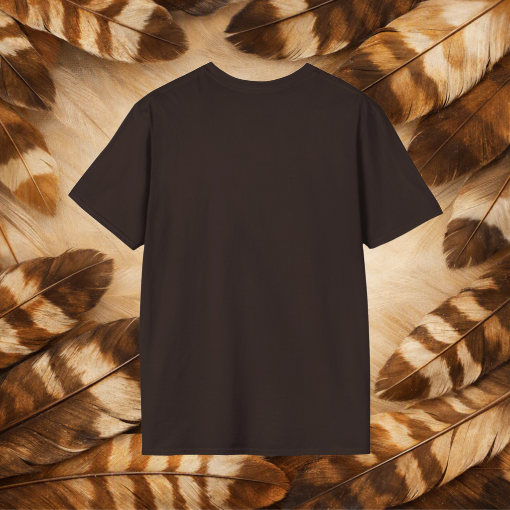 A plain chocolate brown short-sleeve crewneck T-shirt centered against a background of brown and beige feathers.