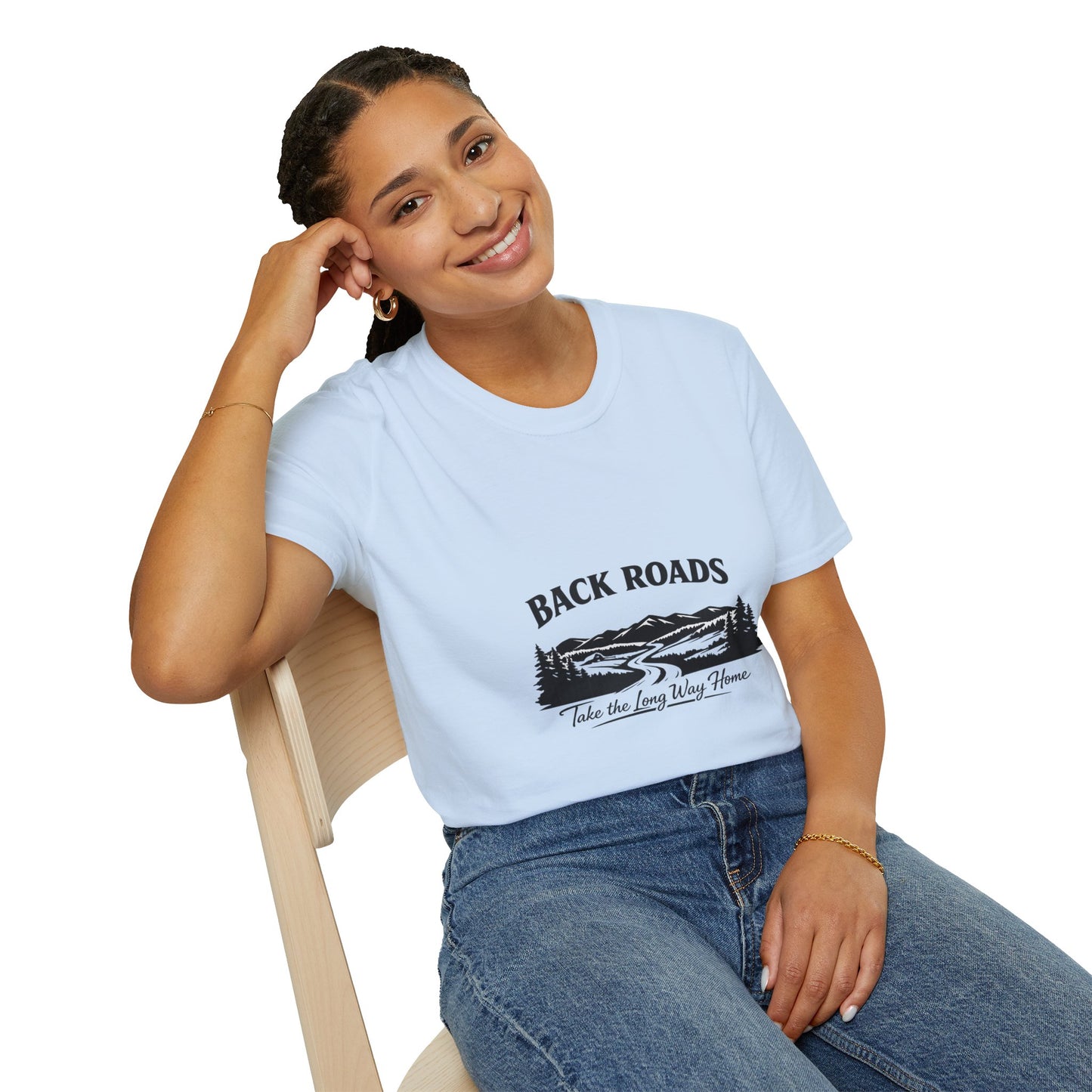 Light blue women's short-sleeve T-shirt with 'Back Roads' scenic road graphic
