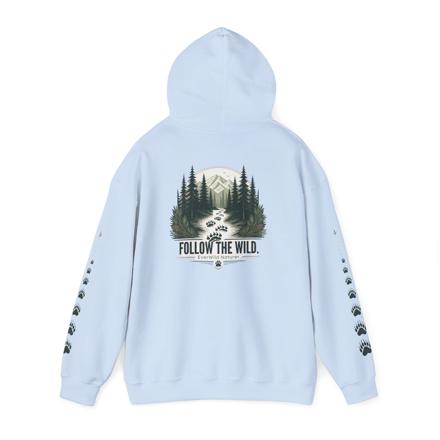 Light blue pullover hoodie with back tree graphic "FOLLOW THE WILD" and paw-sleeve prints
