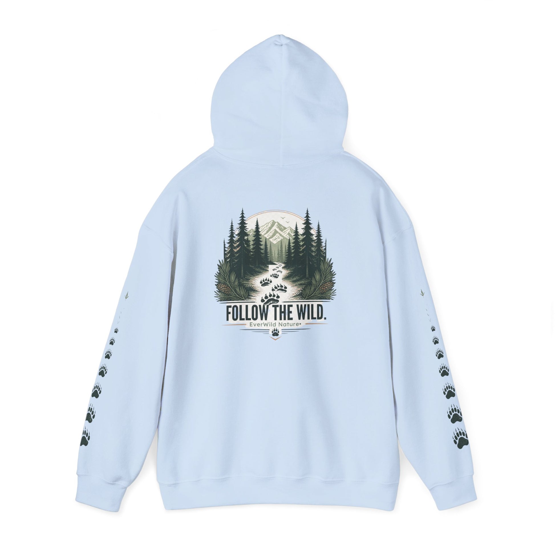 Light blue pullover hoodie with back tree graphic "FOLLOW THE WILD" and paw-sleeve prints