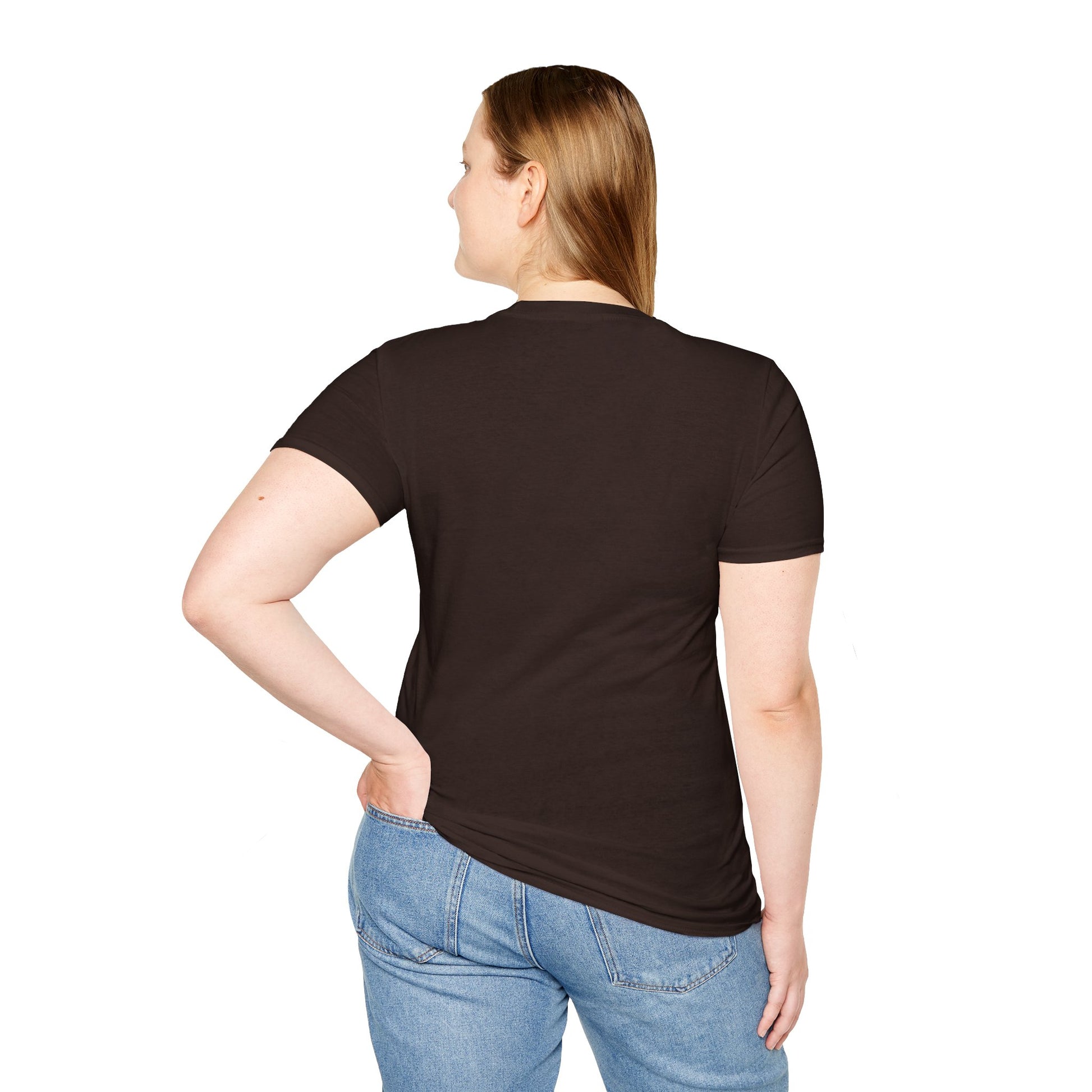 Women’s Raised on BackRoads™ graphic tee, dark chocolate—back view from shoulders