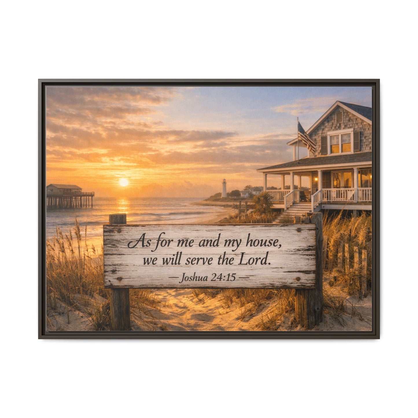 Framed coastal scripture canvas with house and wooden verse sign, dark gray frame