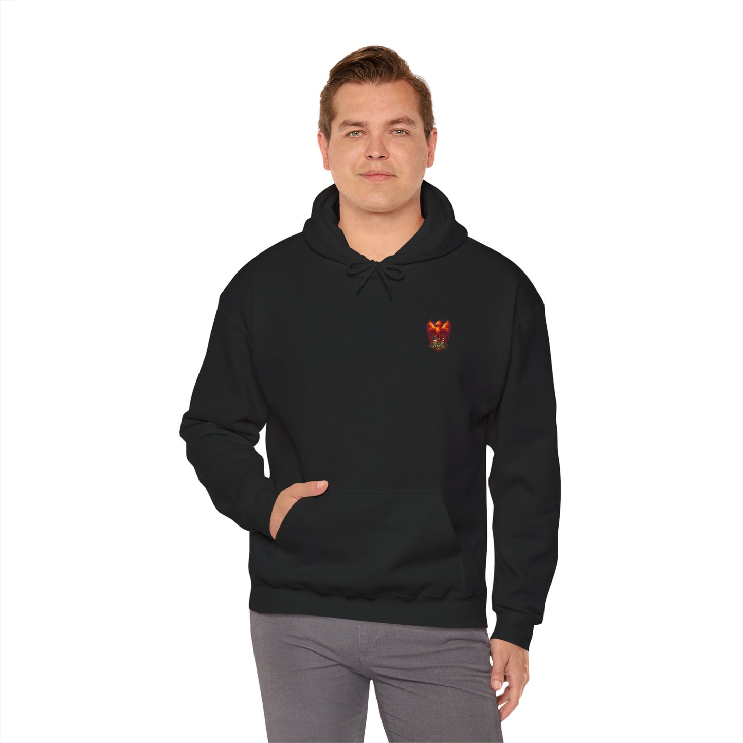 Black pullover hoodie with small orange logo on chest