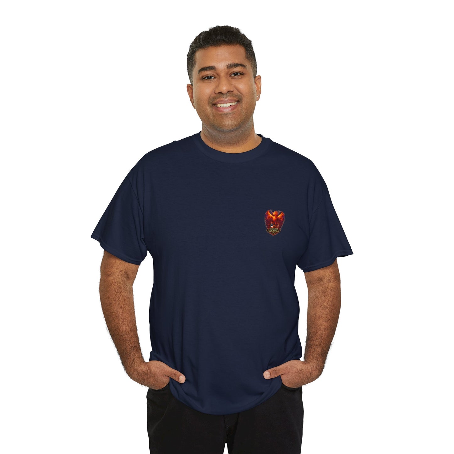 Navy T-shirt with small eagle emblem on the left chest