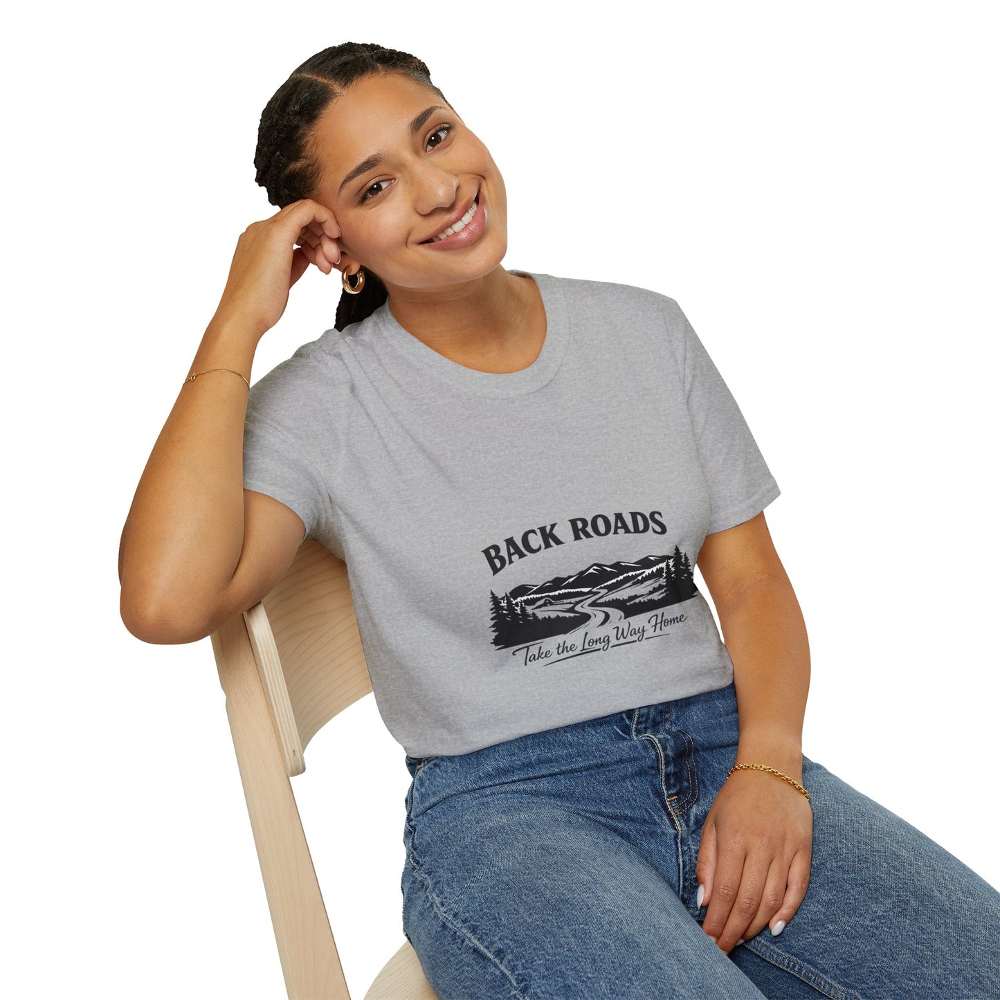 Sport grey women's short-sleeve T-shirt with 'Back Roads' scenic road graphic