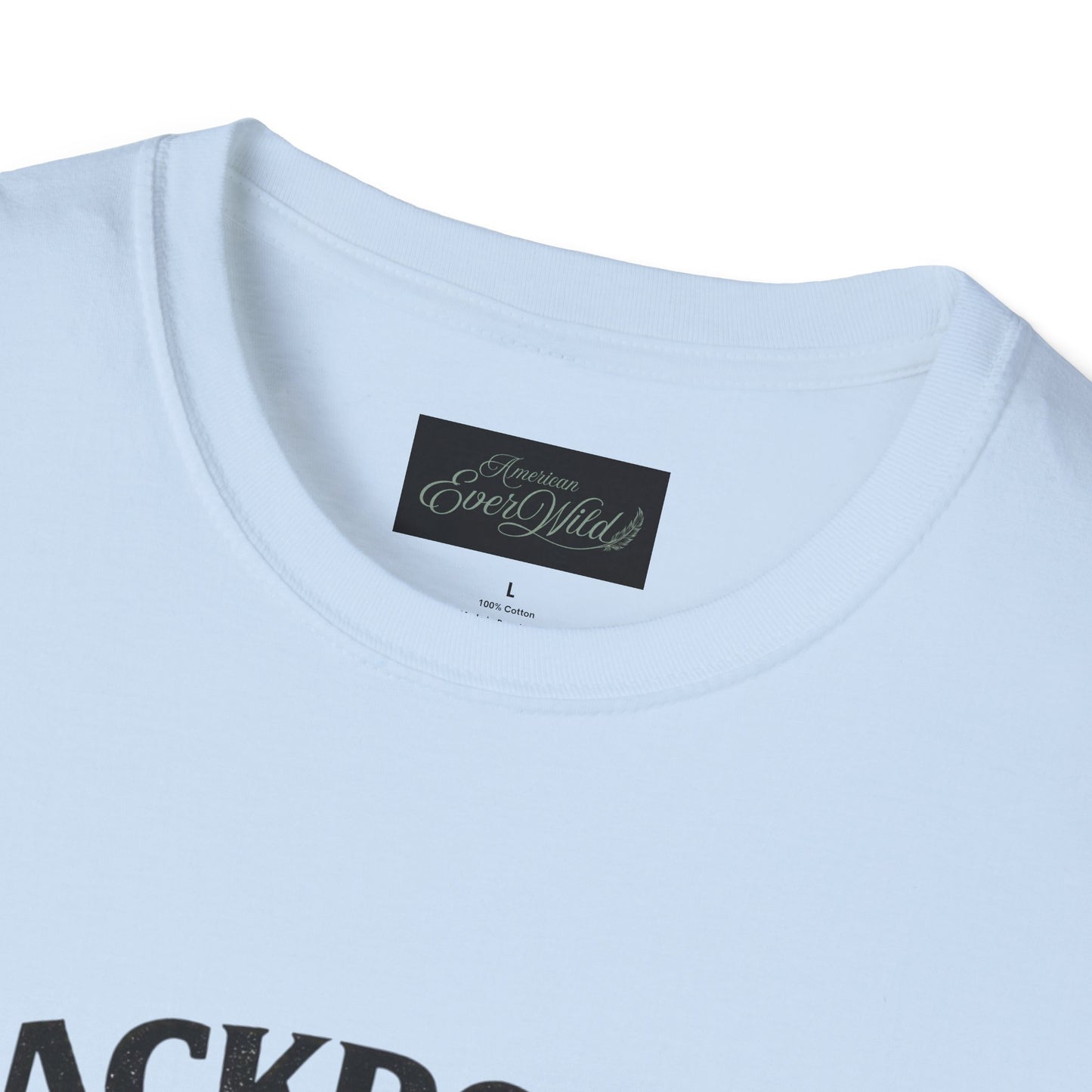 Women's light blue T-shirt, crew neck with black brand label at neckline detail