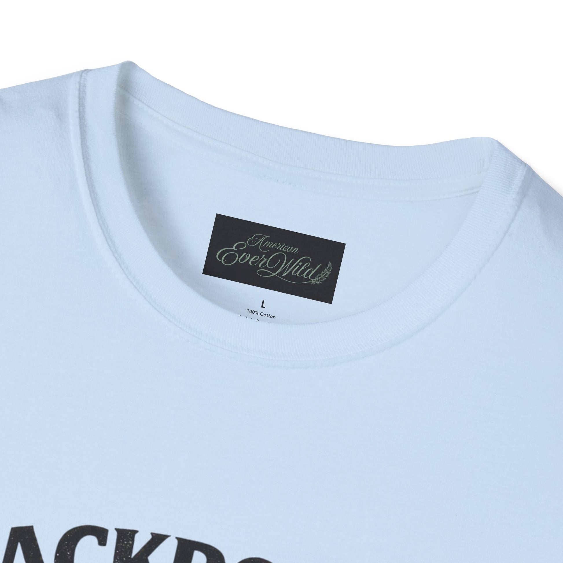 Women's light blue T-shirt, crew neck with black brand label at neckline detail