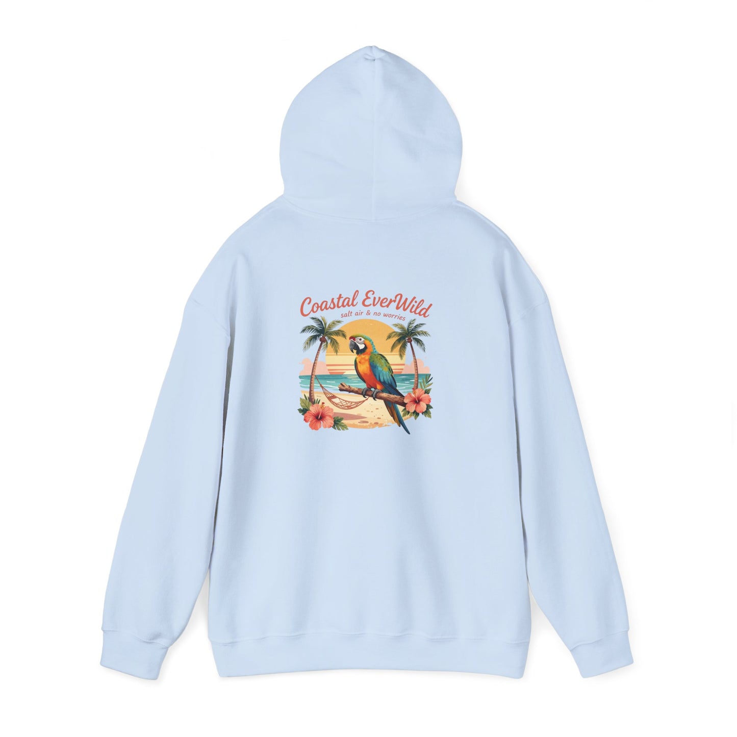 Light blue pullover hoodie with bird-and-palm beach graphic on back and hood