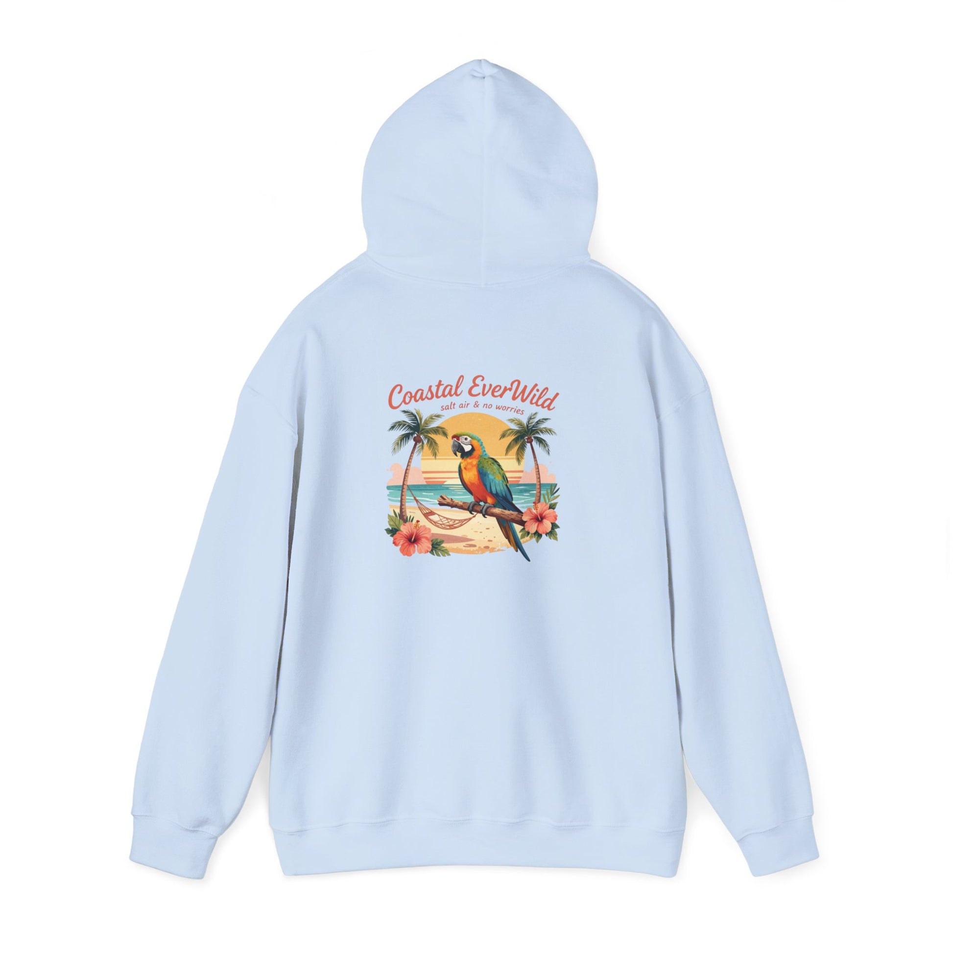 Light blue pullover hoodie with bird-and-palm beach graphic on back and hood