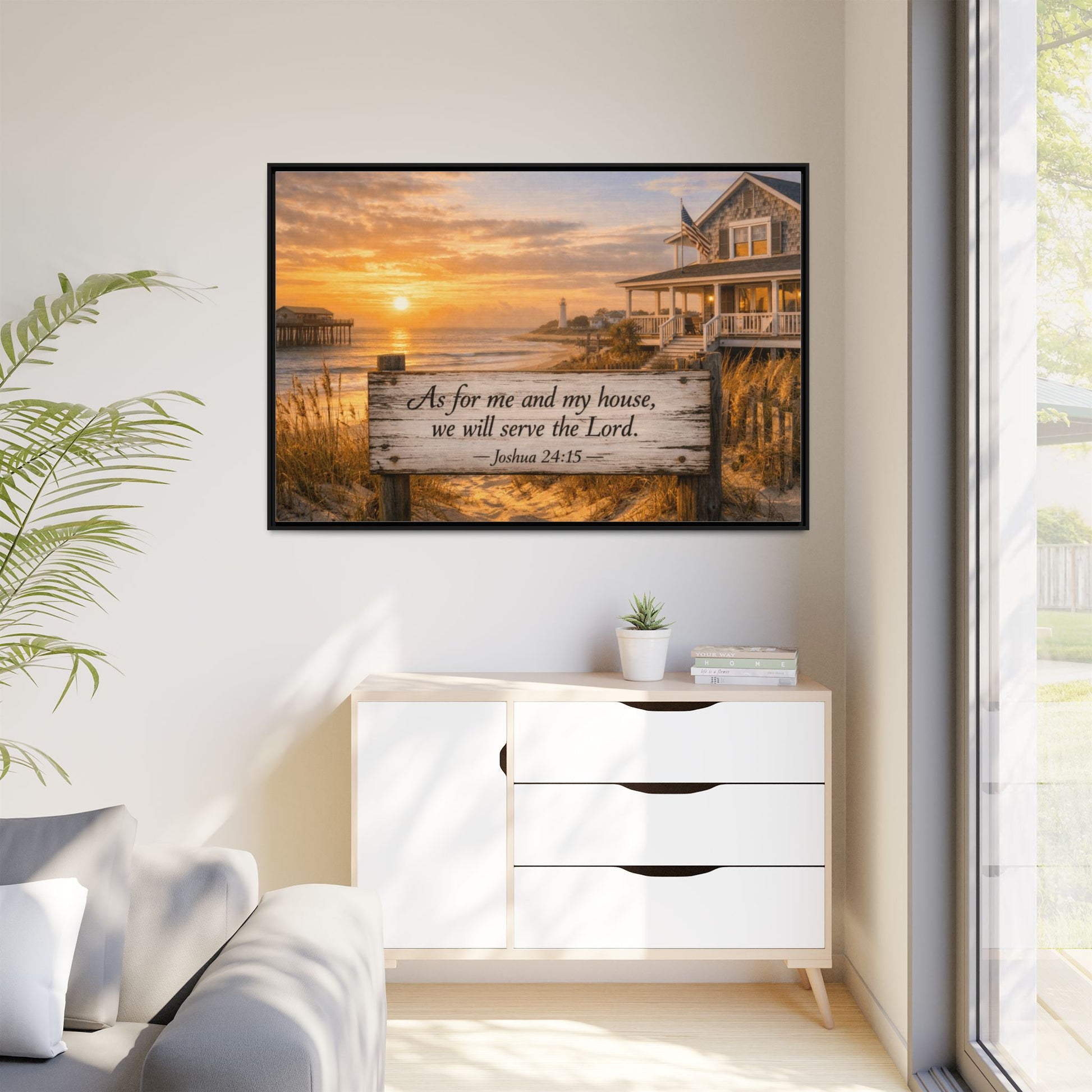 Framed coastal scripture canvas on wall with sunrise beach scene and scripture text.