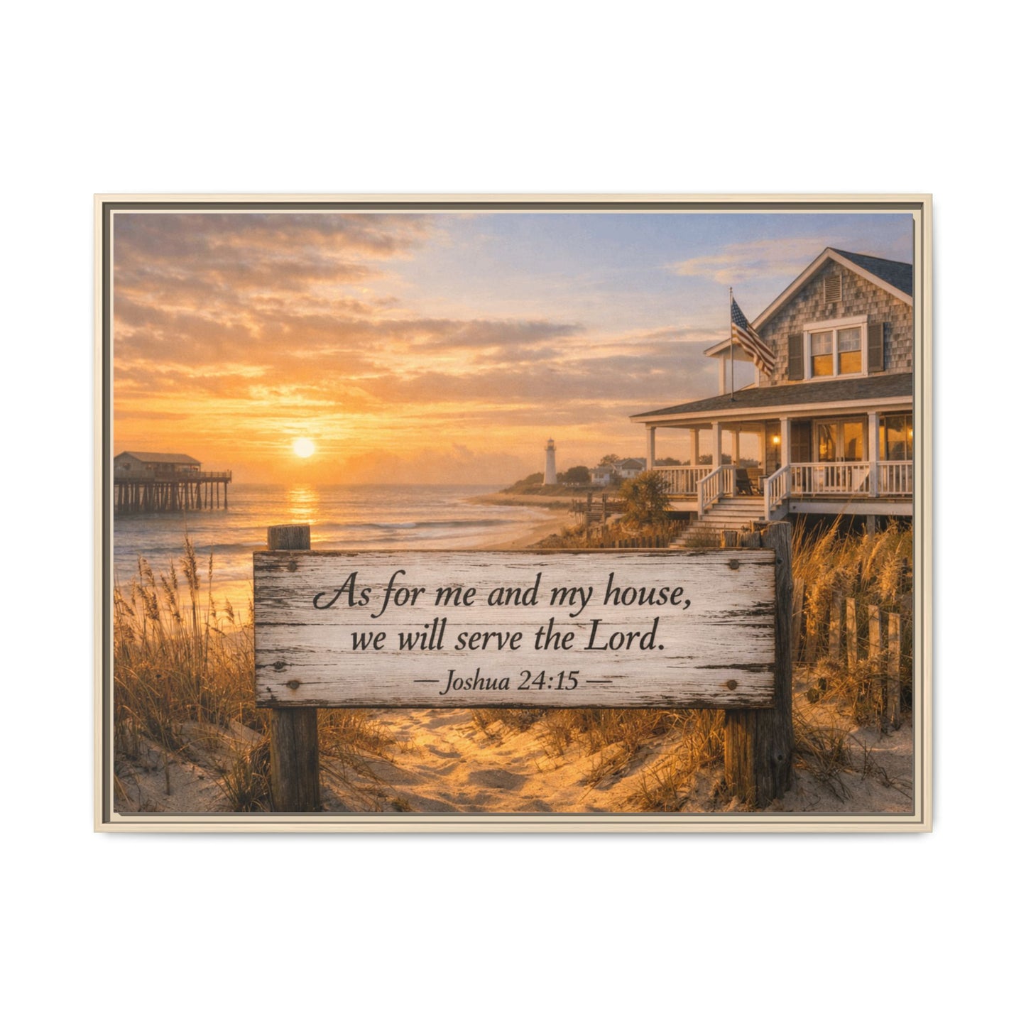Framed coastal scripture canvas with house and wooden verse sign, light wood frame
