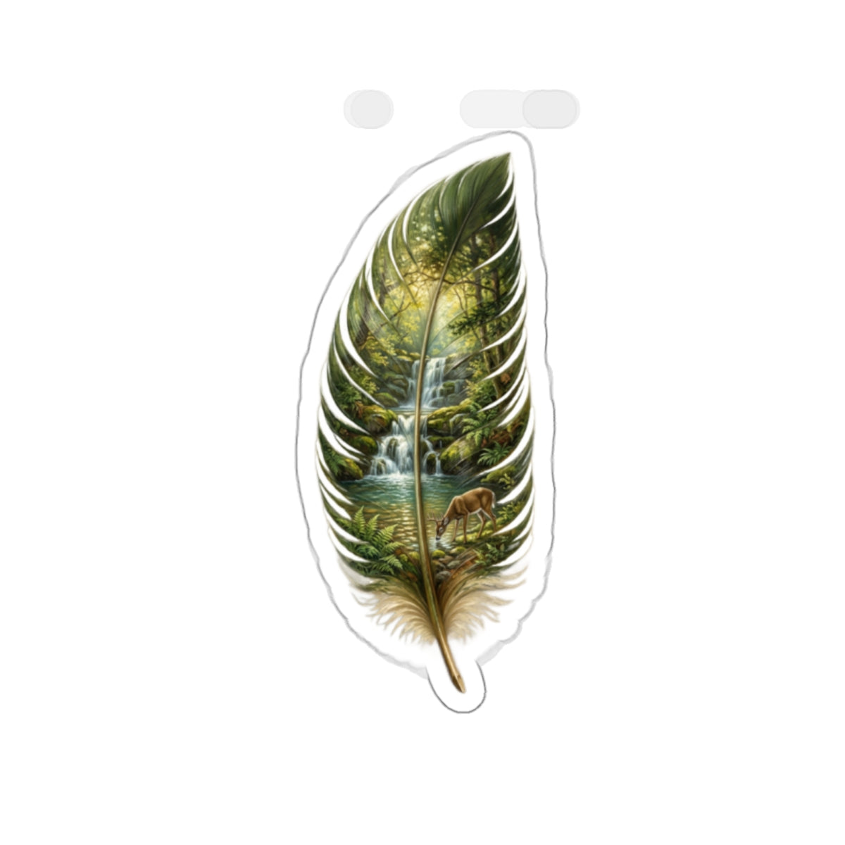 Feather Forest Die-Cut Sticker — Scenic Feather with Deer & Stream