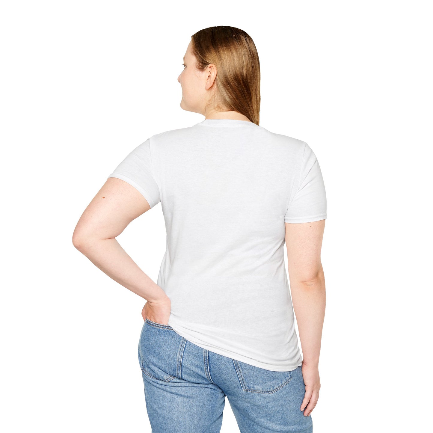 Women's white T-shirt, crew neck short sleeves, back view with no graphic shown